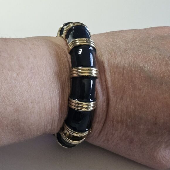 **Final Sale** J Crew Clamp Bangle Bamboo Look Blueberry Enamel Gold Tone Hinge - Picture 4 of 11